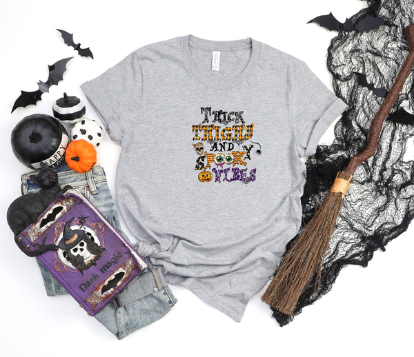 Thick thighs and spooky vibes colorful athletic heather gray t-shirt