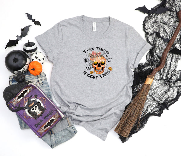Thick thighs and spooky vibes skull athletic heather gray t-shirt