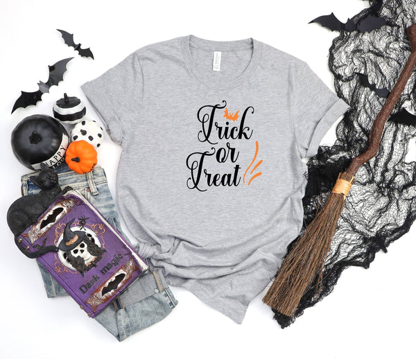 Trick or Treat cursive athletic heather gray t-shirt