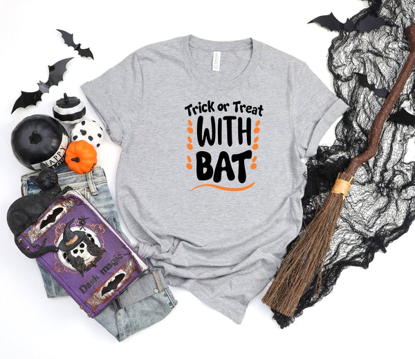Trick or Treat with bat athletic heather gray t-shirt