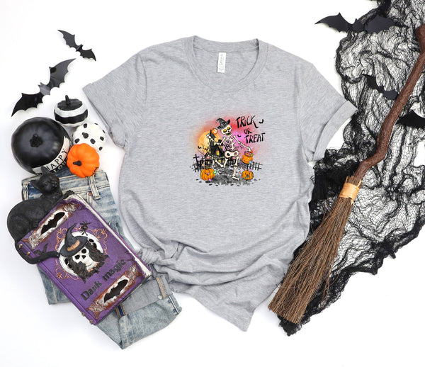 Trick or treat skeleton pumpkins athletic heather gray t-shirt