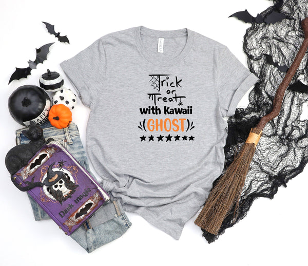 Trick or treat with kawaii ghost athletic heather gray t-shirt