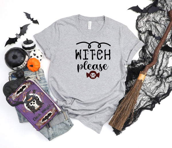 Witch please spiders candy skull athletic heather gray t-shirt
