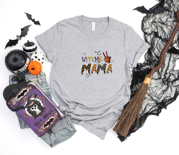 Witchy mama letters skeleton bats webs athletic heather gray t-shirt