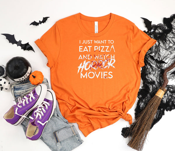 Funny Horror Movie Fan Halloween Pizza Orange T-Shirt