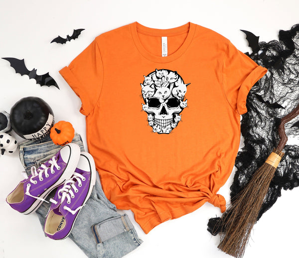 Halloween Funny Cat Skull Cat Lover Orange T-Shirt