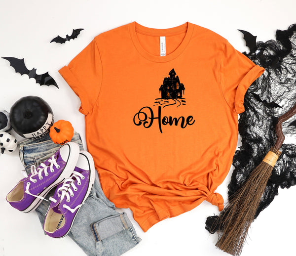 Home Haunted black font orange t-shirt