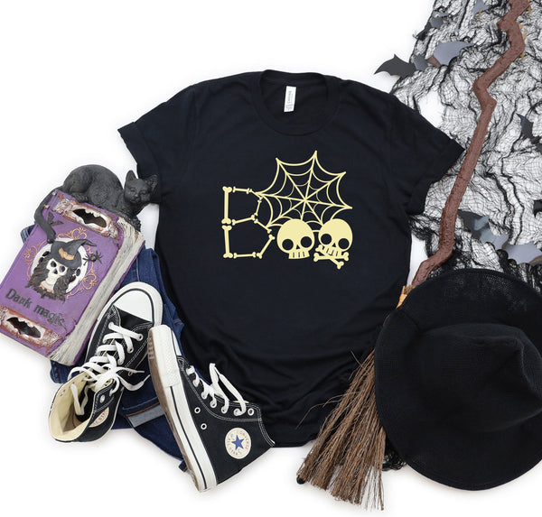 Boo Skull Skeleton Cute Halloween Black T-Shirt