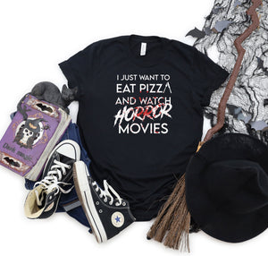 Funny Horror Movie Fan Halloween Pizza Black T-Shirt