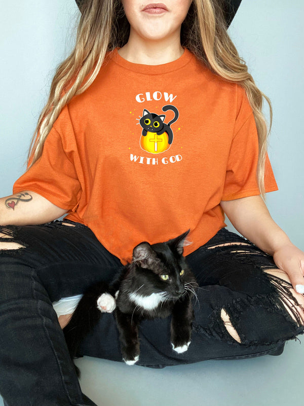 Christian Pumpkin and Black Cat Halloween on Gildan Orange T-Shirt