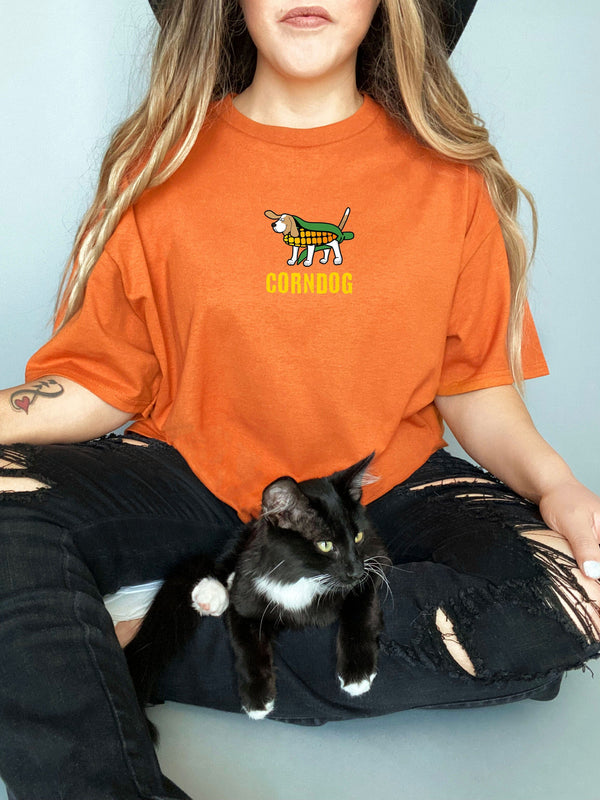 Corndog Shirt Halloween Dog Treats on Gildan Orange T-Shirt