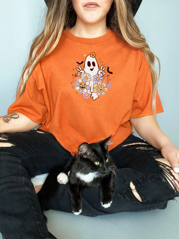 Flower ghost on Gildan Orange T-Shirt