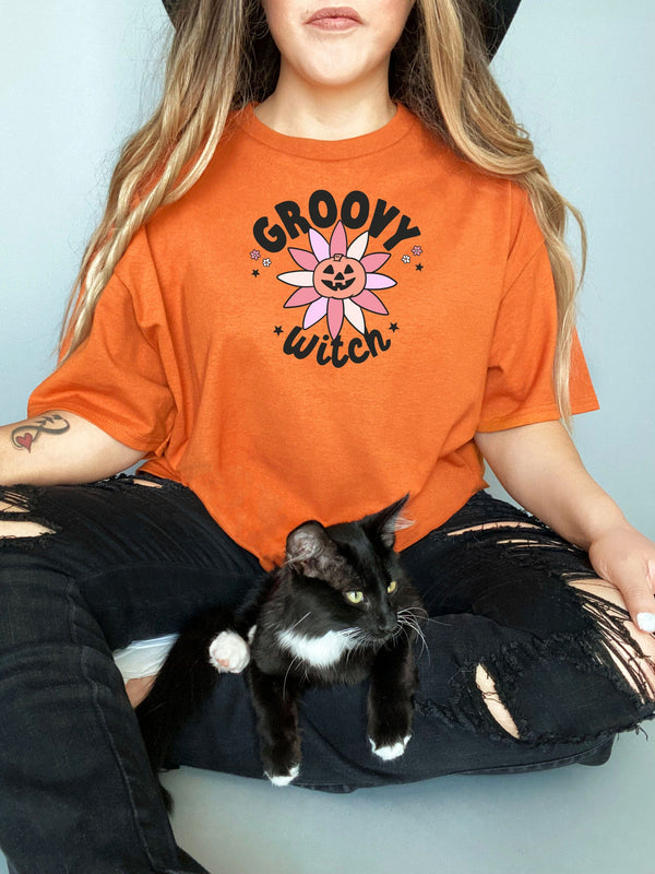 Groovy Witch on Gildan Orange T-Shirt