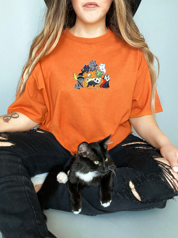 Halloween Cat Pumpkin House on Gildan Orange T-Shirt