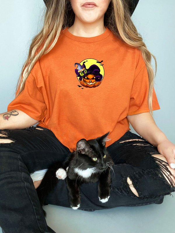 Halloween Cat on Pumpkin Wearing wizard Hat on Gildan Orange T-Shirt