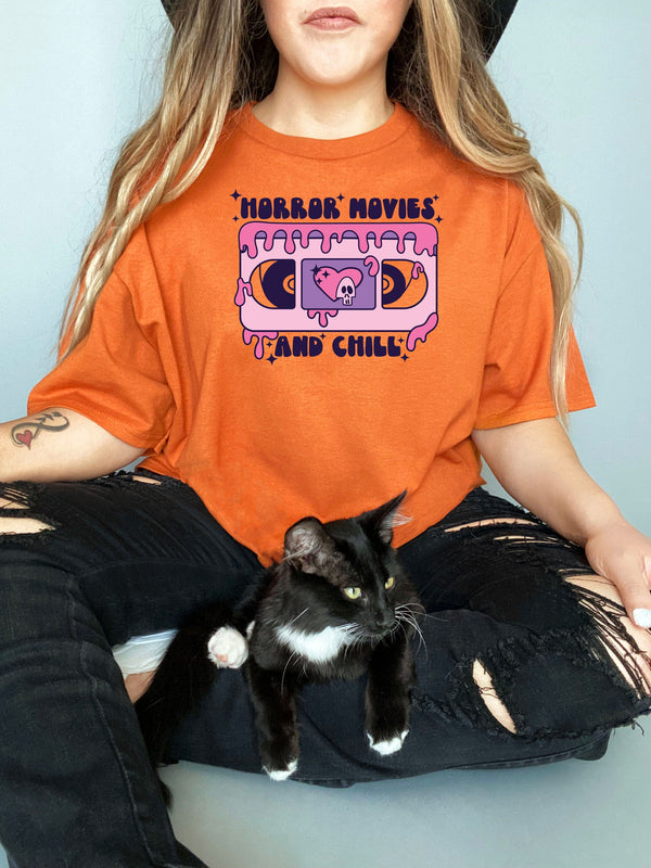 Horror Movies and Chill on Gildan Orange T-Shirt