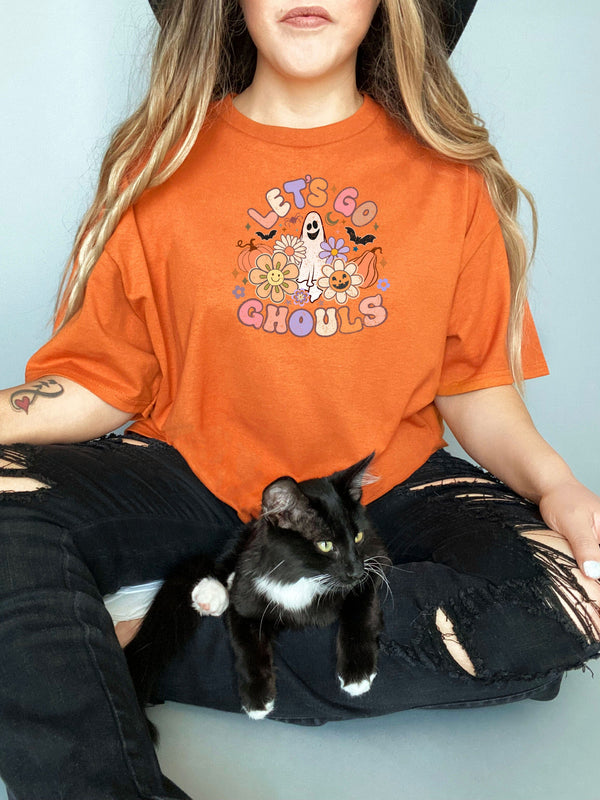 Lets Go Ghouls 3 distressed on Gildan orange t-shirt