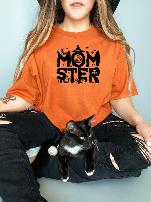 Momster stacked icons on Gildan orange t-shirt
