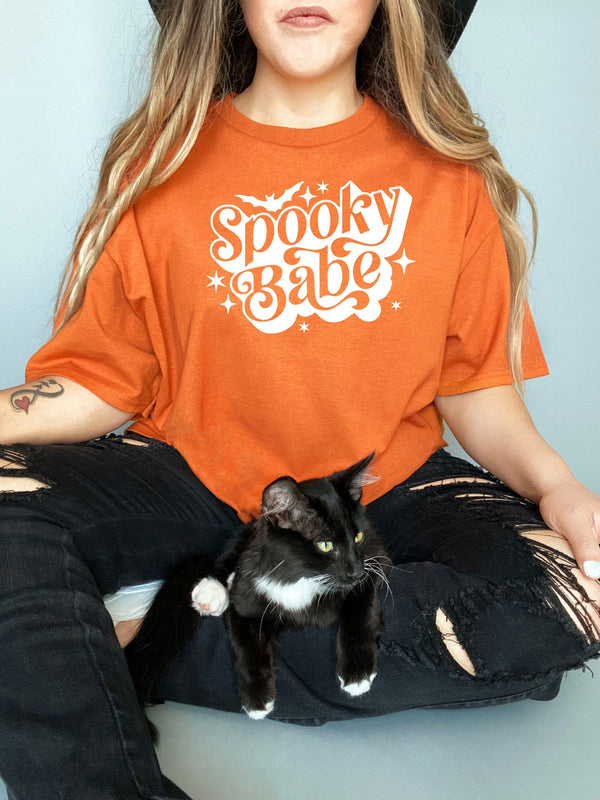 Spooky babe white on Gildan orange t-shirt