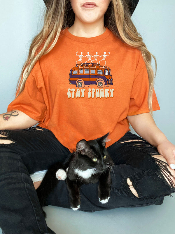 Stay Spooky Bus on Gildan Orange T-Shirt