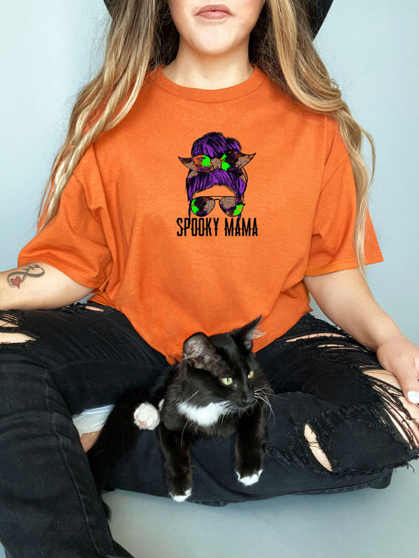 Spooky mama straight purple on Gildan orange t-shirt
