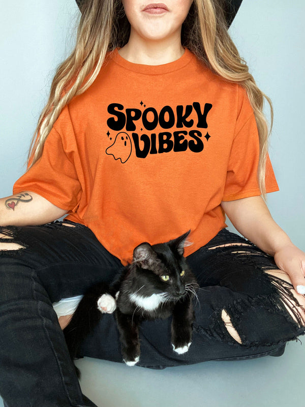 Spooky vibes ghost on Gildan Orange T-Shirt