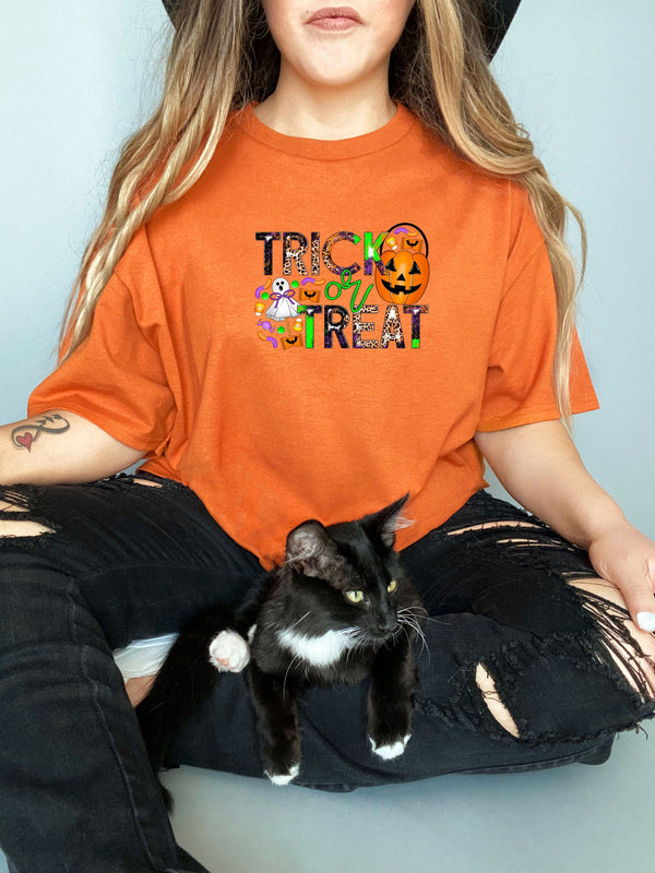 Trick or treat candy grunge on Gildan orange t-shirt