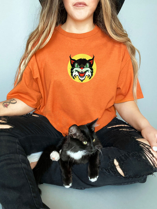 Vintage Halloween Alley Cat Hiss on Gildan Orange T-shirt