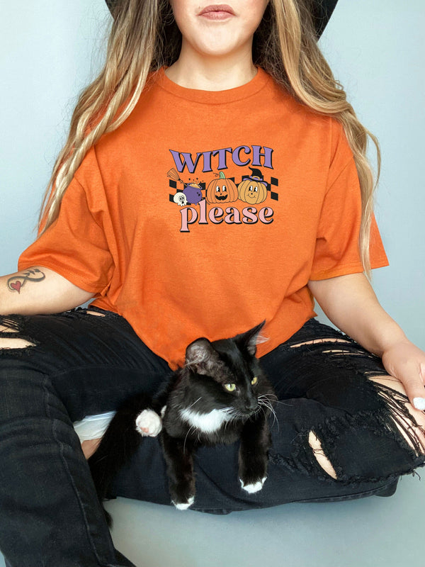 Witch please pumpkin on Gildan orange t-shirt