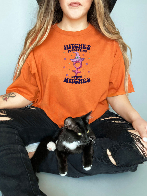 Witches Supporting other Witches on Gildan orange t-shirt