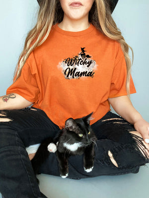 Witchy mama broom on Gildan orange t-shirt