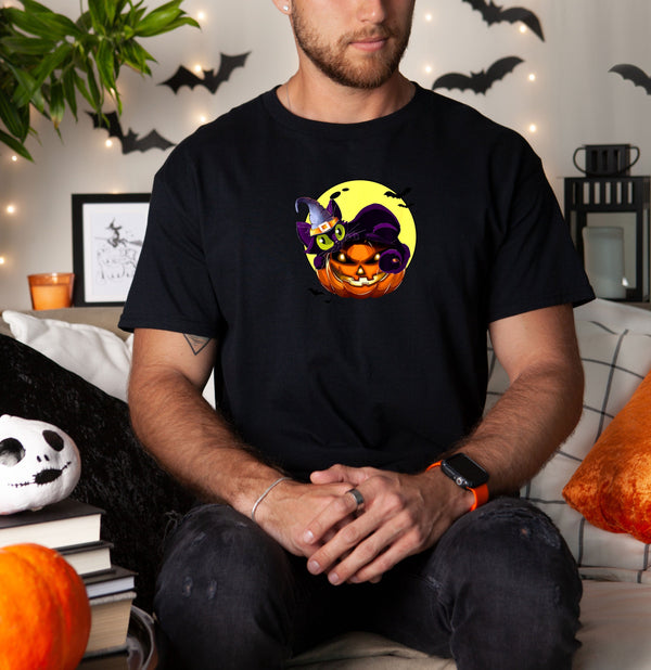 Halloween Cat on Pumpkin Wearing wizard Hat on Gildan Men T-Shirt