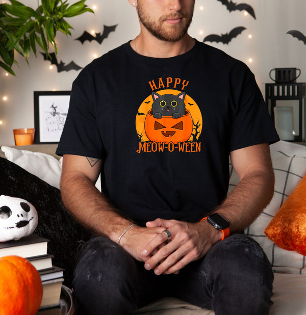 Happy Halloween Meowoween Cute Black Cat Party on Gildan Men T-Shirt