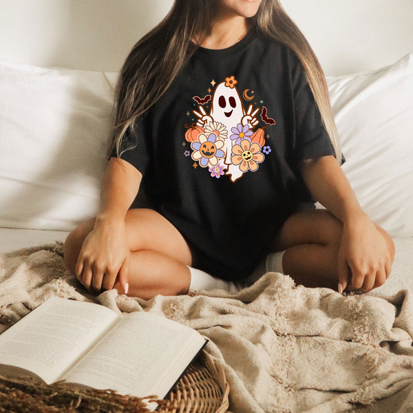 Flower ghost on Gildan Women Black T-Shirt