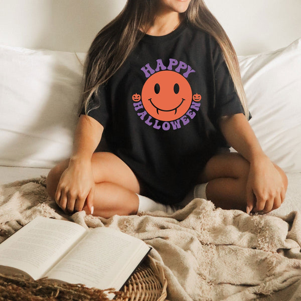 Happy Halloween Smiley on Gildan Women Black T-Shirt