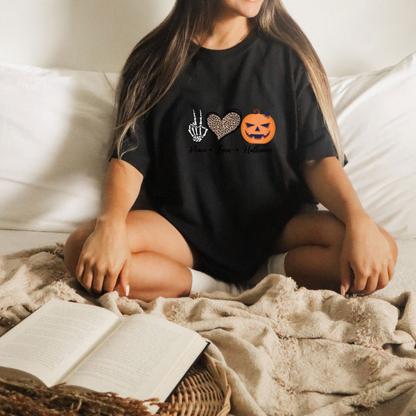 Peace Love Halloween on Gildan Women Black T-Shirt