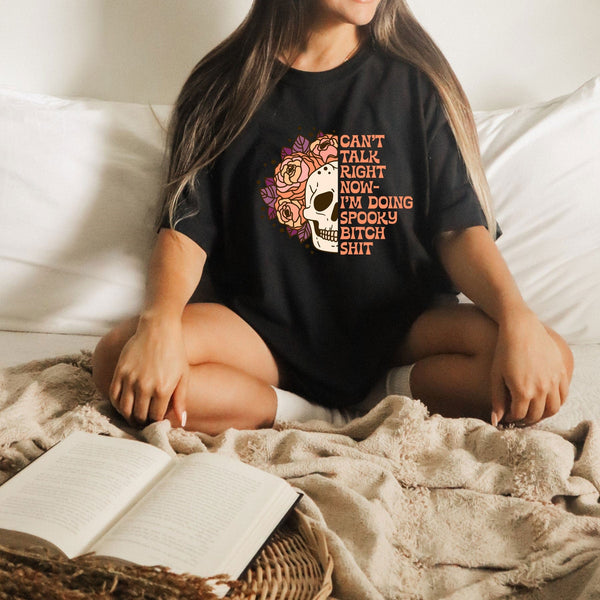 Skeleton cant talk light on Gildan women black t-shirt