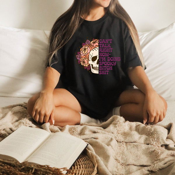 Skeleton can't talk on Gildan women black t-shirt