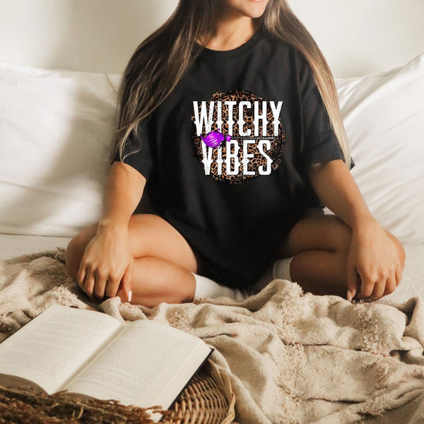 Witchy vibes leopard circle on Gildan women black t-shirt