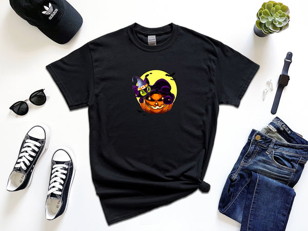 Halloween Cat on Pumpkin Wearing wizard Hat on Gildan T-Shirt