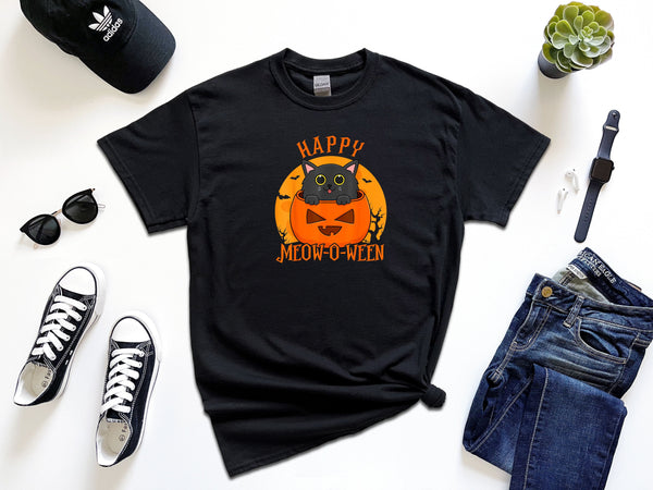 Happy Halloween Meowoween Cute Black Cat Party on Gildan T-Shirt