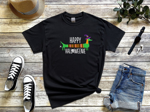 Dachshund Happy Halloweenie Cute Dog Halloween on Gildan Black T-Shirt