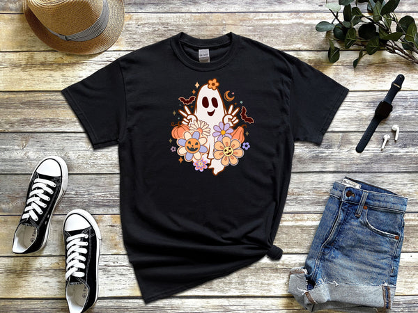 Flower ghost on Gildan Black T-Shirt