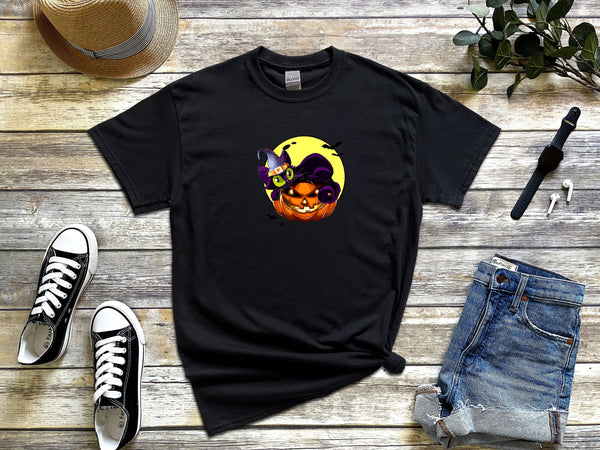 Halloween Cat on Pumpkin Wearing wizard Hat on Gildan Black T-Shirt