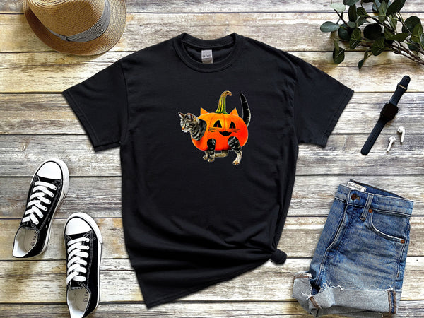 Halloween Jack-O-Lantern Pumpkin Cat on Gildan Black T-Shirt