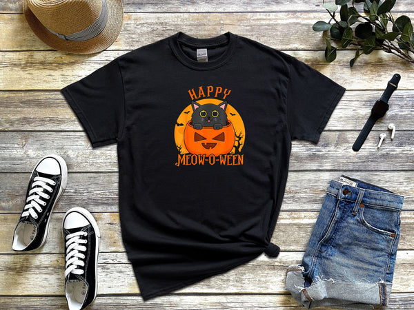 Happy Halloween Meowoween Cute Black Cat Party on Gildan Black T-Shirt