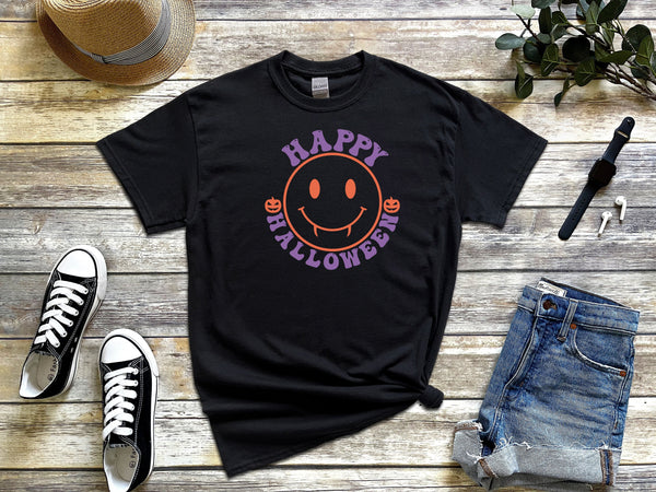 Happy Halloween Smiley Outline on Gildan Black T-Shirt