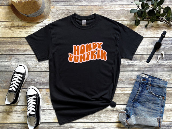 Howdy Pumpkin Wavy on Gildan black t-shirt