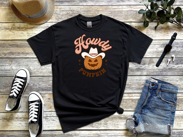 Howdy Pumpkin on Gildan black t-shirt