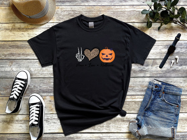 Peace Love Halloween on Gildan Black T-Shirt